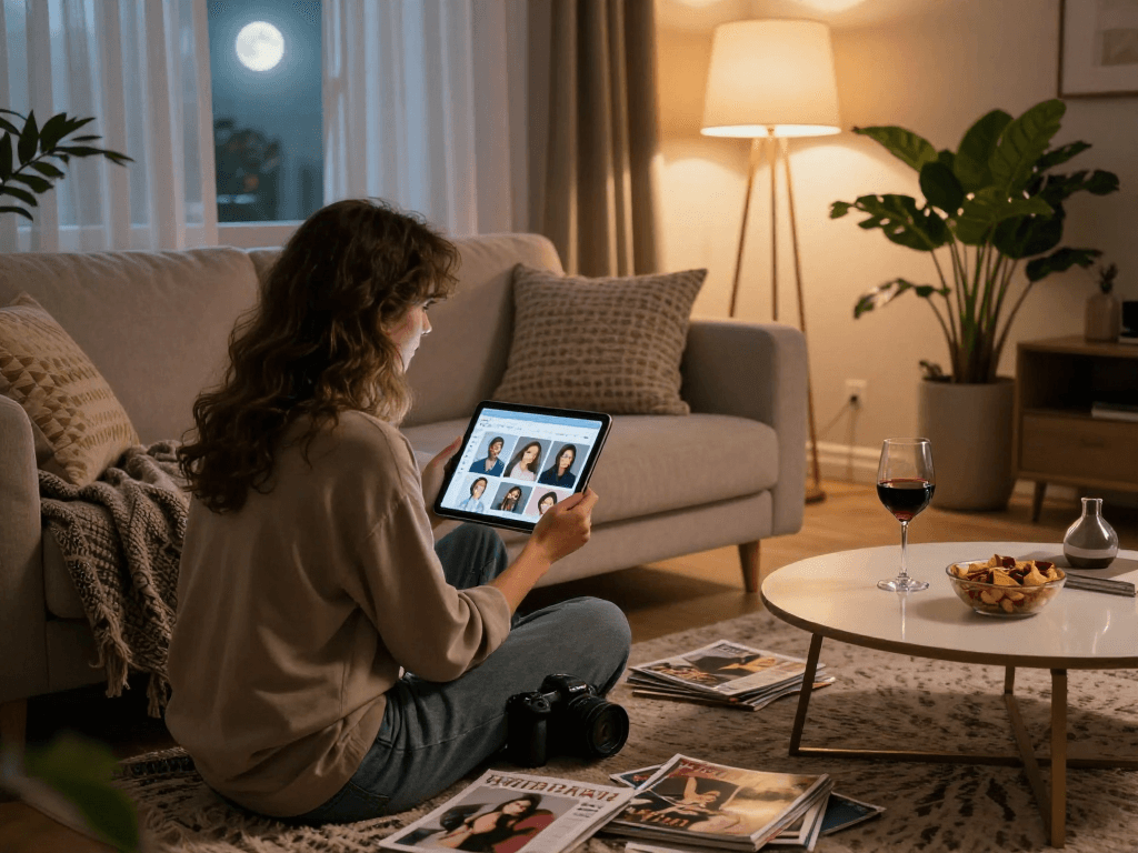 Engaging in adult content using slut ai on a tablet in a cozy living room.