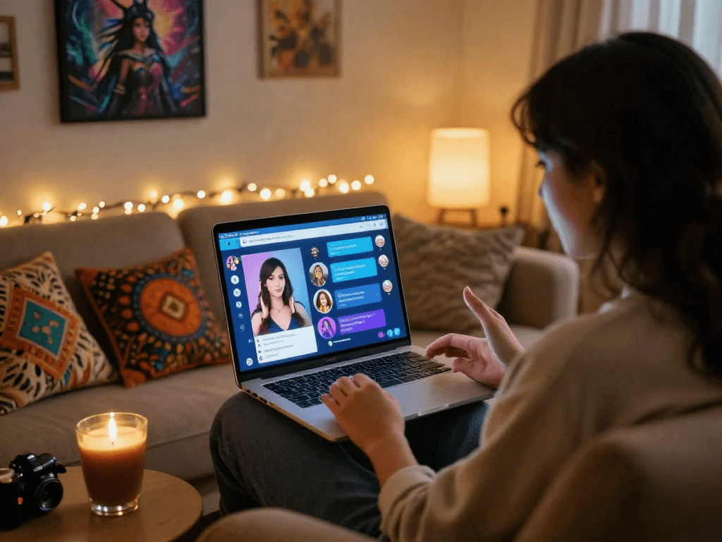 Engaging in sex chat ai on a laptop in a cozy home setting, emphasizing digital intimacy.