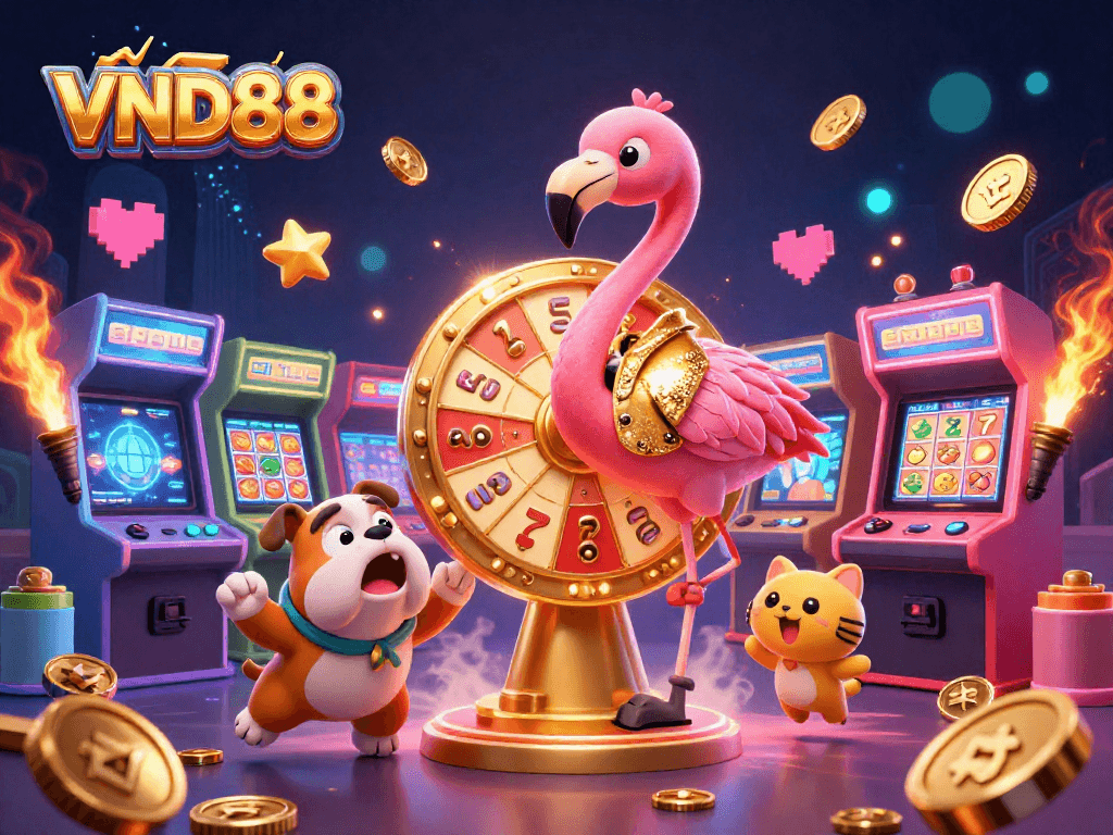 Experience the thrill of VND88 with lively game shows featuring a flamingo and bulldog in a vibrant casino atmosphere.