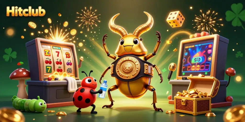 Hitclub's dynamic gaming scene featuring colorful slot machines and energetic characters celebrating big wins.