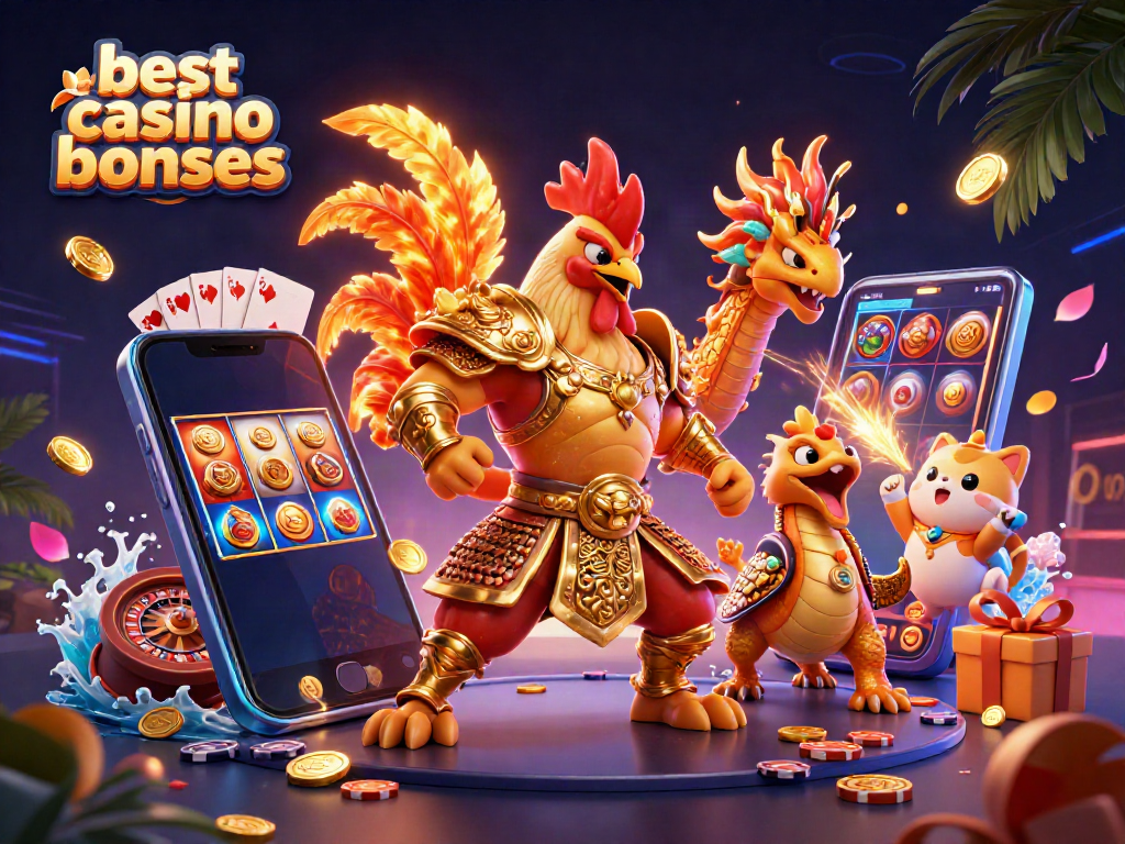 Experience the best casino bonuses with a dynamic scene of gaming excitement and colorful characters.