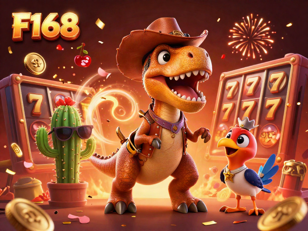 Experience thrilling gameplay at F168 with a dynamic 3D illustration featuring a T-Rex, lucky 7s, and festive decorations.