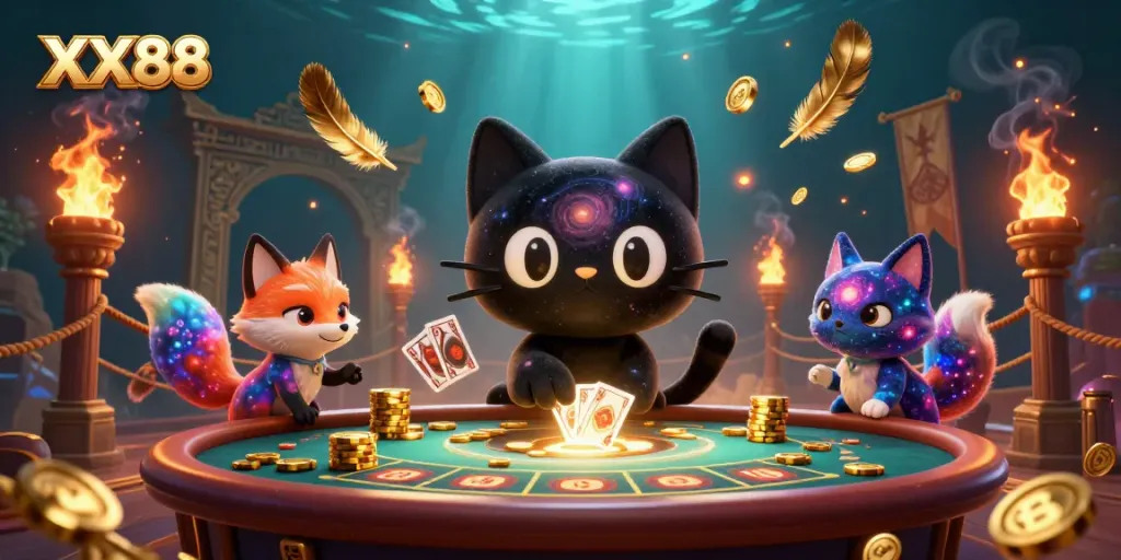 Engage with the cosmic allure of XX88 at this vibrant casino scene featuring a black hole cat.
