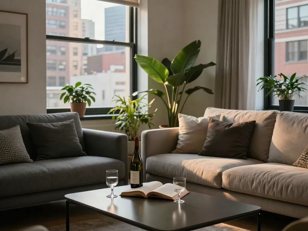 Luxurious living room in discreet apartments featuring stylish decor and city view.