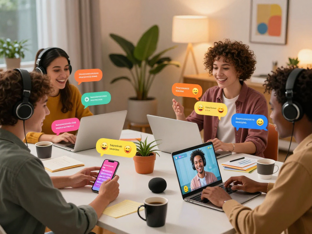 Interactive spicy AI chat experience with diverse users engaging on devices in a vibrant home office.