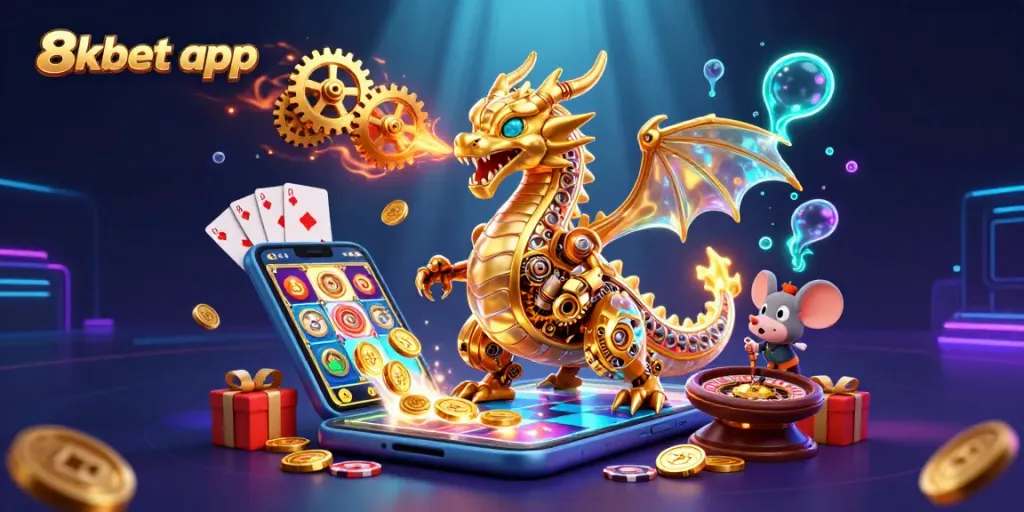 Engage with the exciting 8xbet app in a vibrant casino scene featuring a golden dragon.