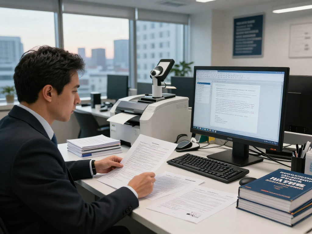 Expert analyzing document fraud detection tools in a professional office