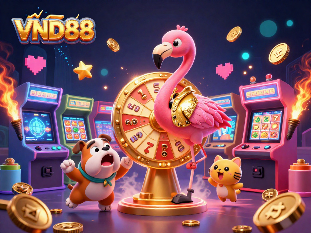 Experience the thrill of VND88 with lively game shows featuring a flamingo and bulldog in a vibrant casino atmosphere.