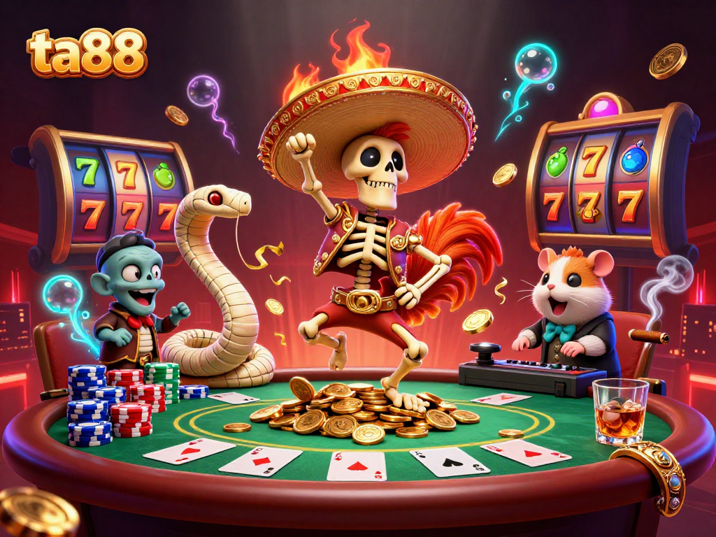 Celebrate gaming wins at ta88 with a lively casino scene featuring animated characters and rich details.